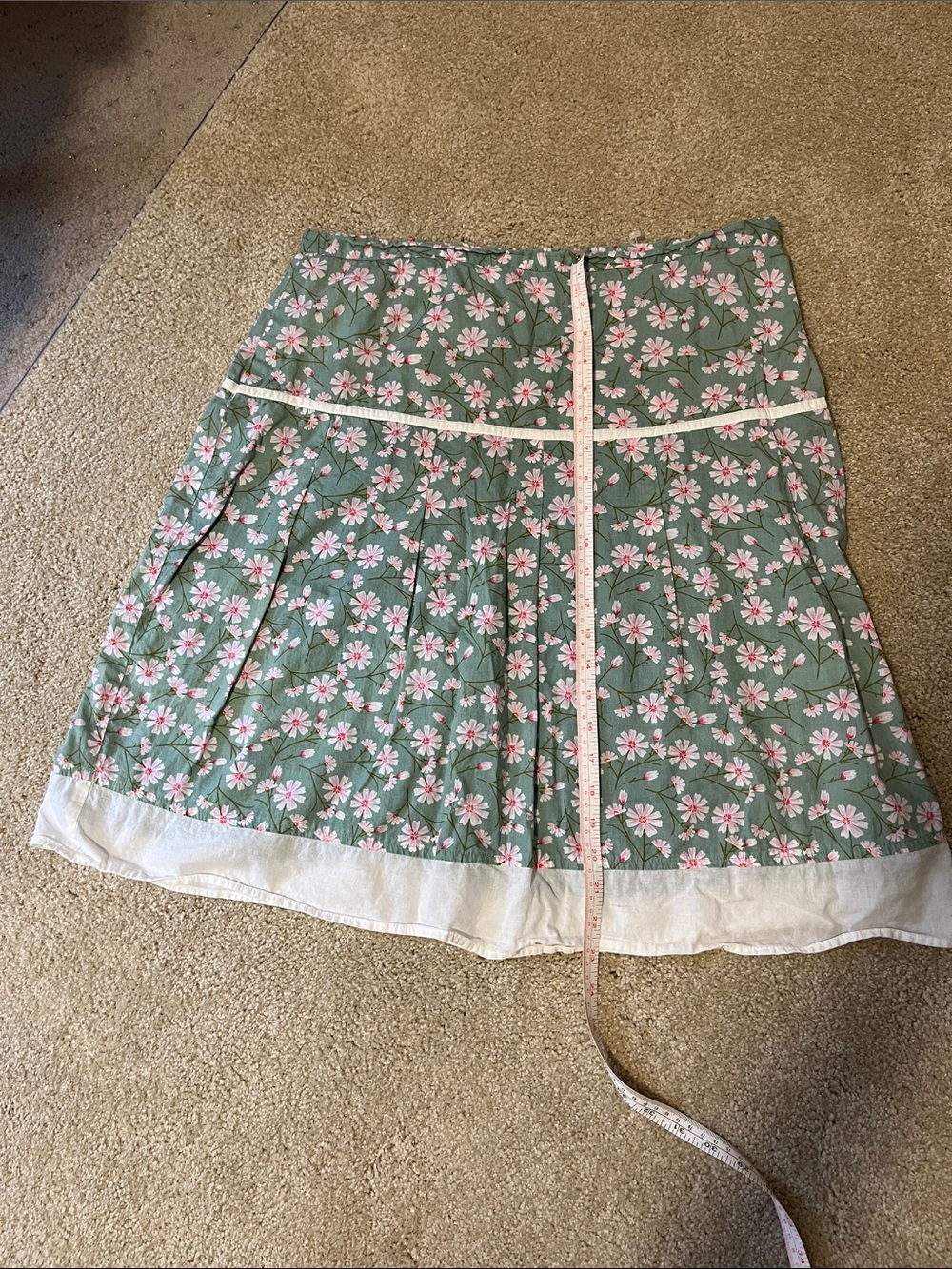 Green Floral A-Line Cotton Skirt with White Hem